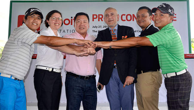 Aboitiz Equity Ventures senior vice president Ernest Villareal (third from left), Asian Tour associate director Irfan Hamid (third from right) and Pilipinas Golf Tour, Inc. general manager Colo Ventosa (second from left) join hands with (from left) pro Jay Bayron, Manila Southwoods golf director Jerome Delariarte and pro Charles Hong during yesterday’s launch of the 2015 Aboitiz Invitational at Southwoods’ Legends course. The Asian Development Tour event will be held Aug. 5-8.